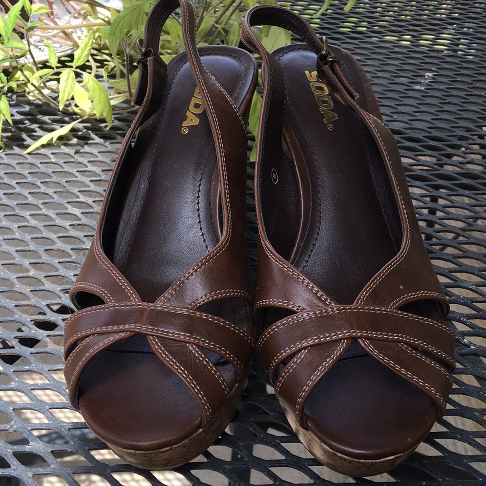 Soda Brown Cork Wedge Sandals 8